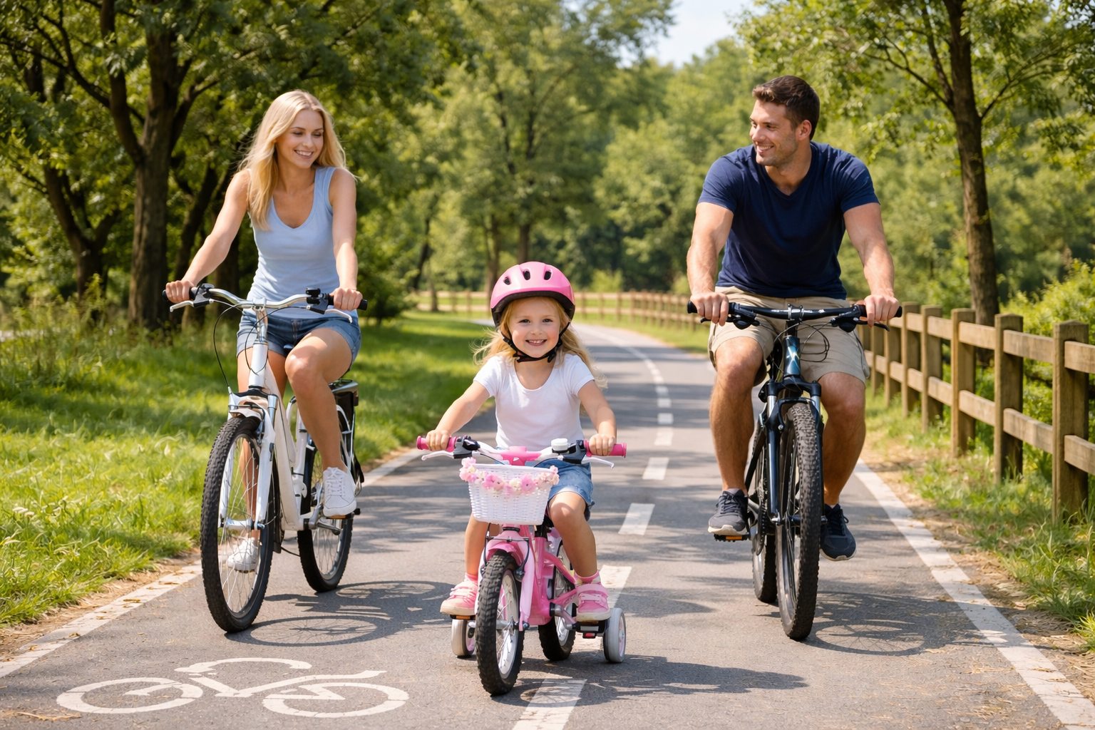 Famiglia in bicicletta su pista ciclabile